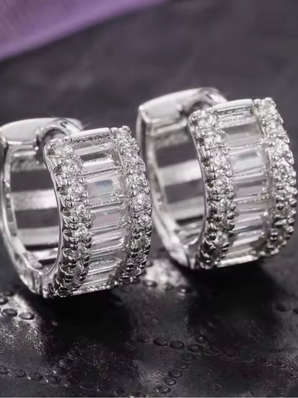 NEW Silver Crystal Baguette Huggie Earrings - Elegant Women Jewelry
